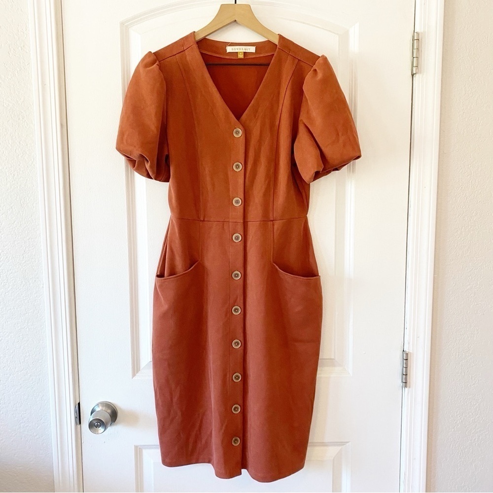 DOWNEAST Button Front Puff Sleeve Midi Dress